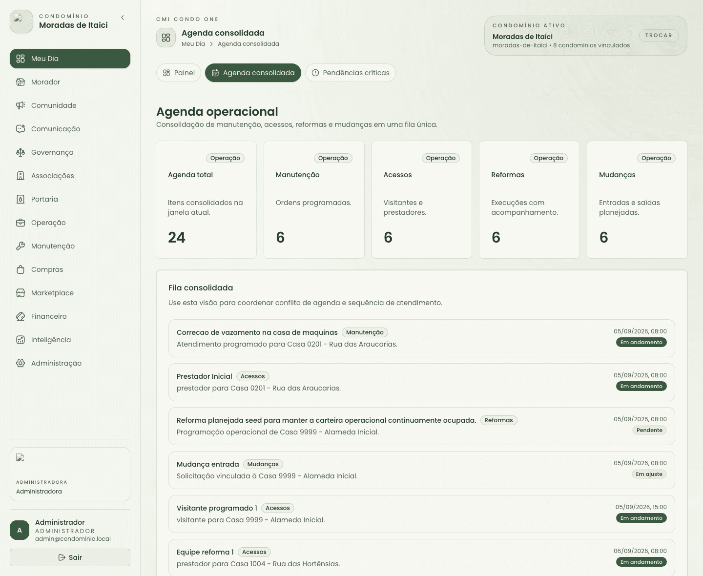 Tela de agenda operacional da aplicação