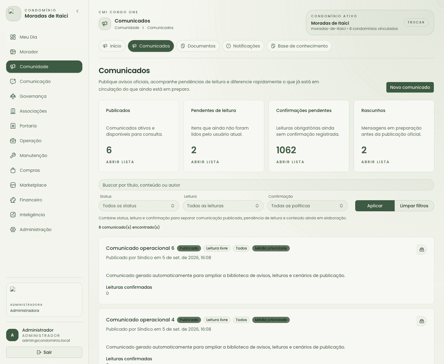 Tela de comunicados com itens publicados e filtros