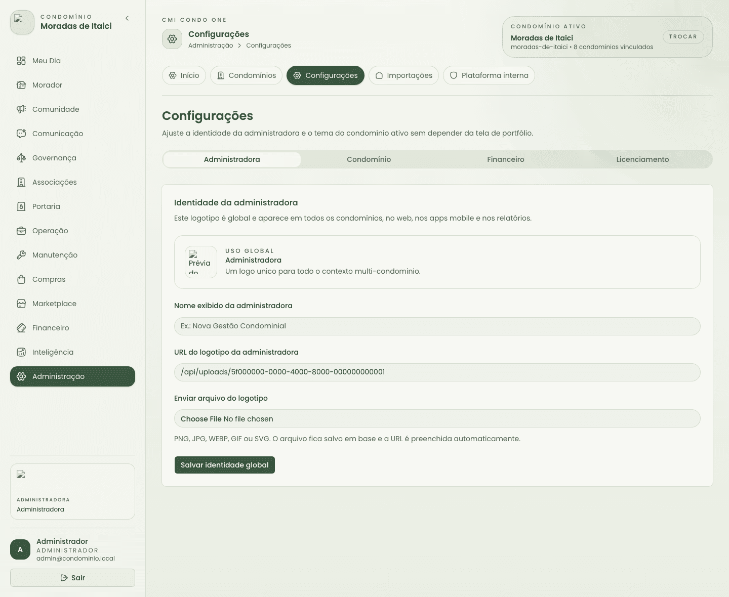 Tela de configurações da aplicação