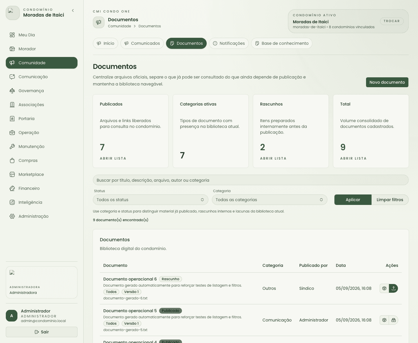 Tela de documentos da aplicação