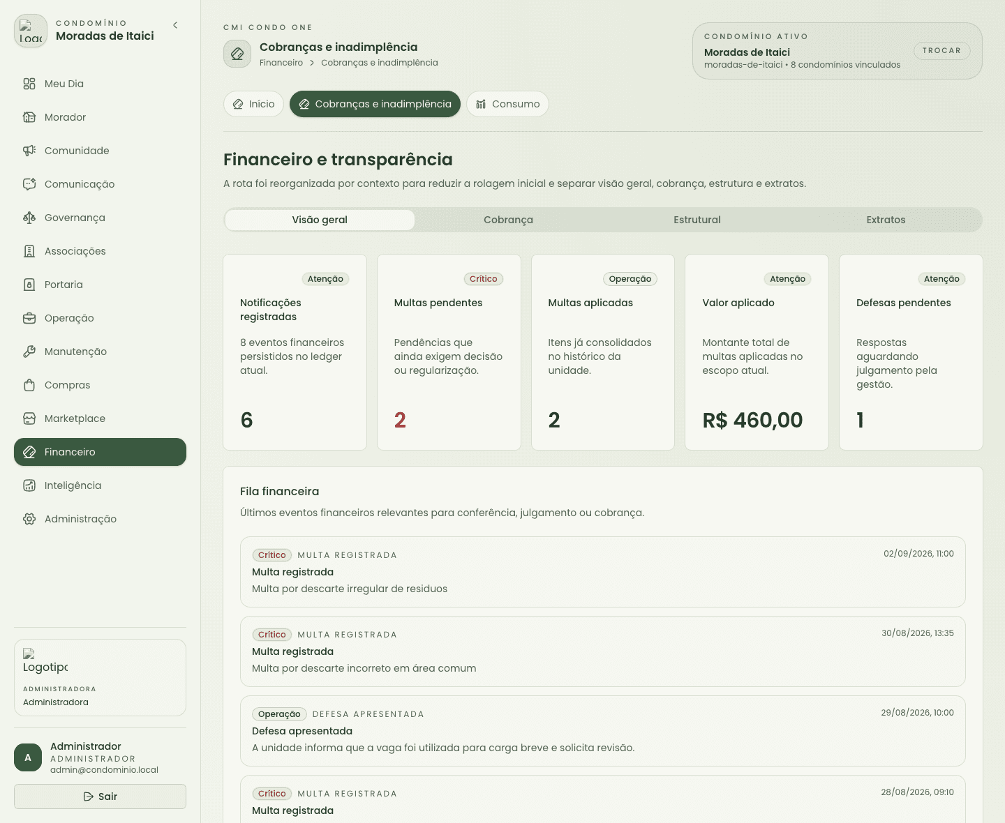 Tela financeira com divergências e estados de cobrança