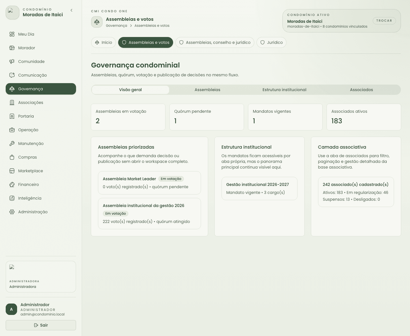 Tela de governança com formulário e controles institucionais