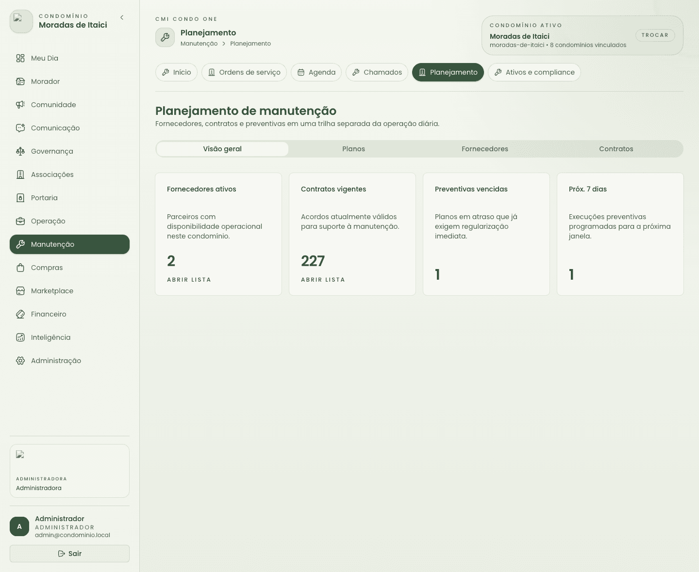 Tela de planejamento de manutenção da aplicação