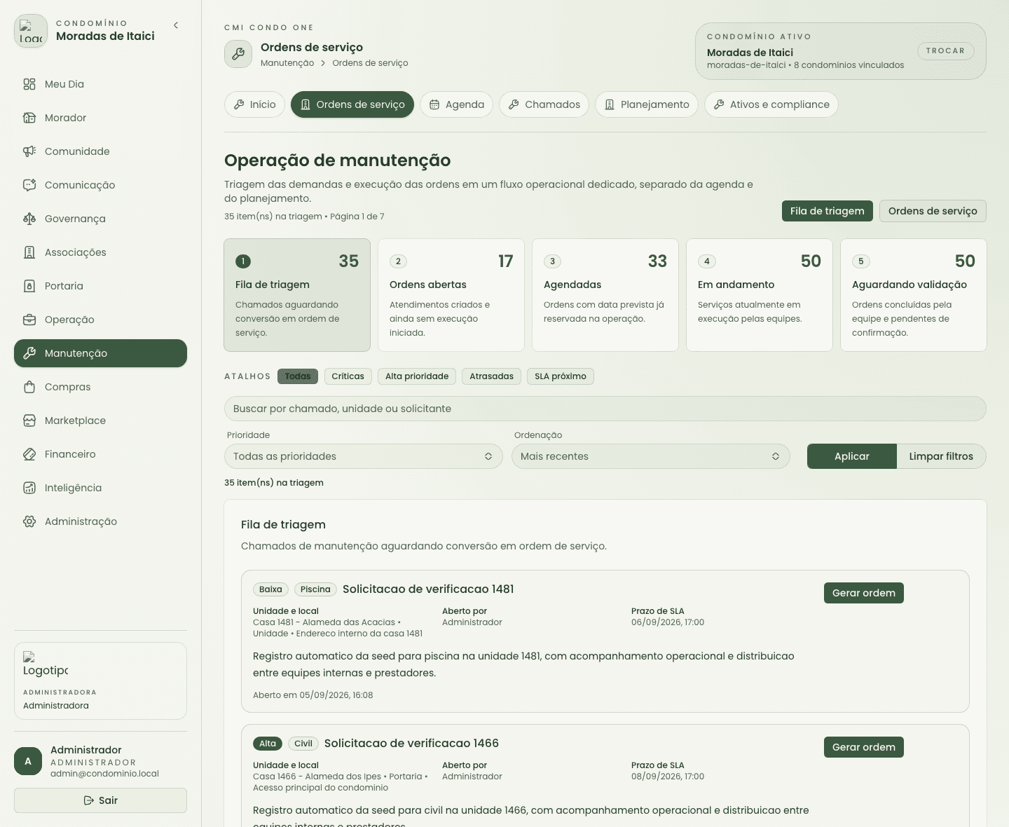 Tela de manutenção operacional com fila, filtros e ordens do dia