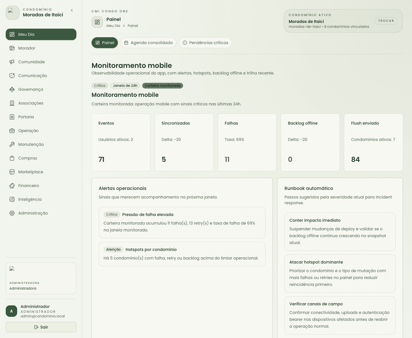 Tela de monitoramento mobile com alertas e backlog offline