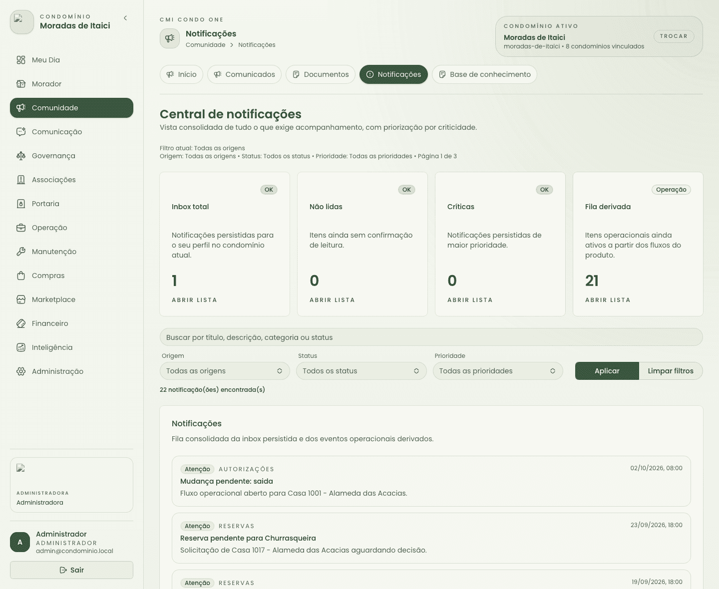 Central de notificações com filtros, contadores e lista de itens