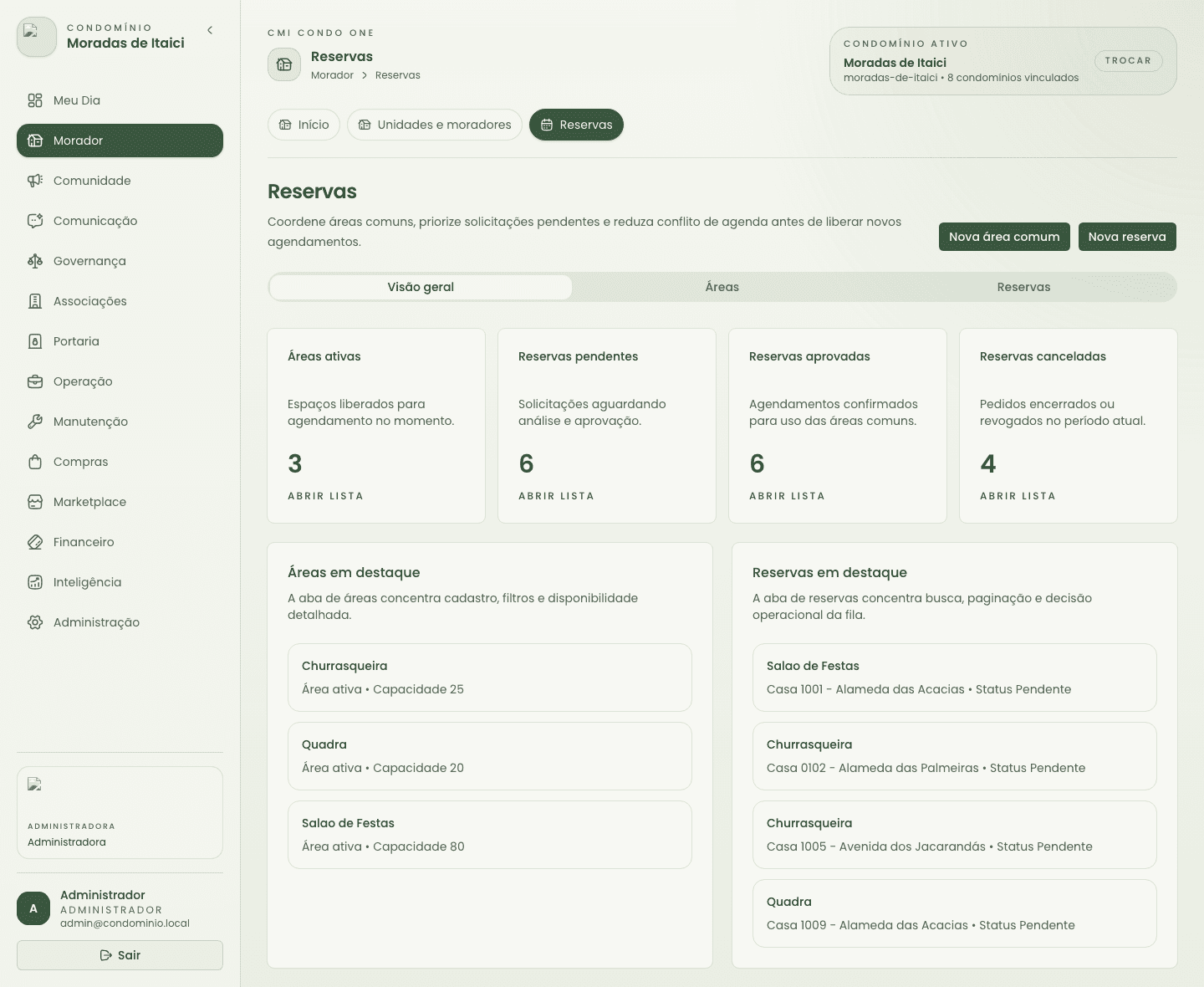 Tela de reservas com indicadores, filtros e lista de áreas comuns