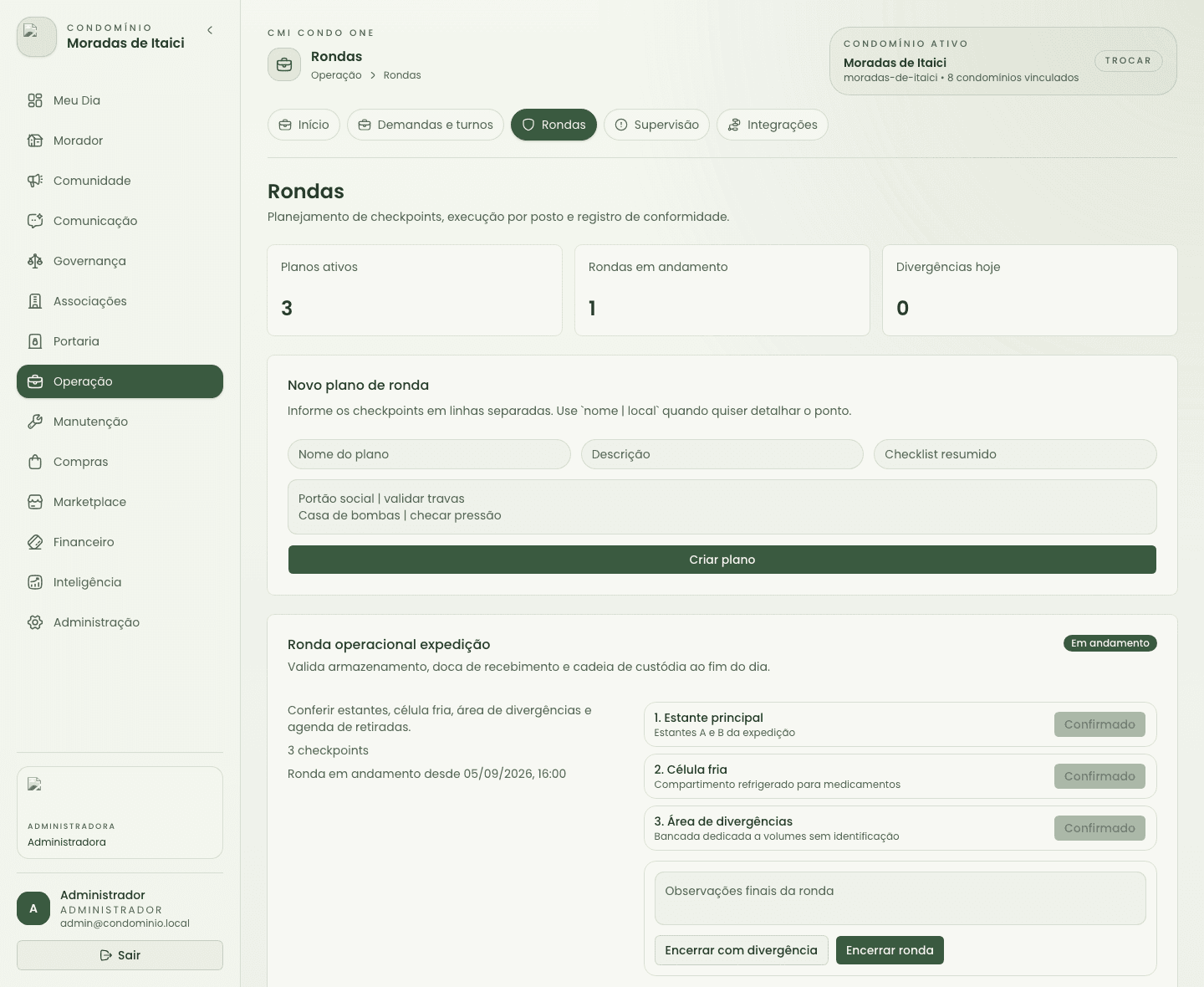 Tela de rondas com checkpoints e sinais de supervisão