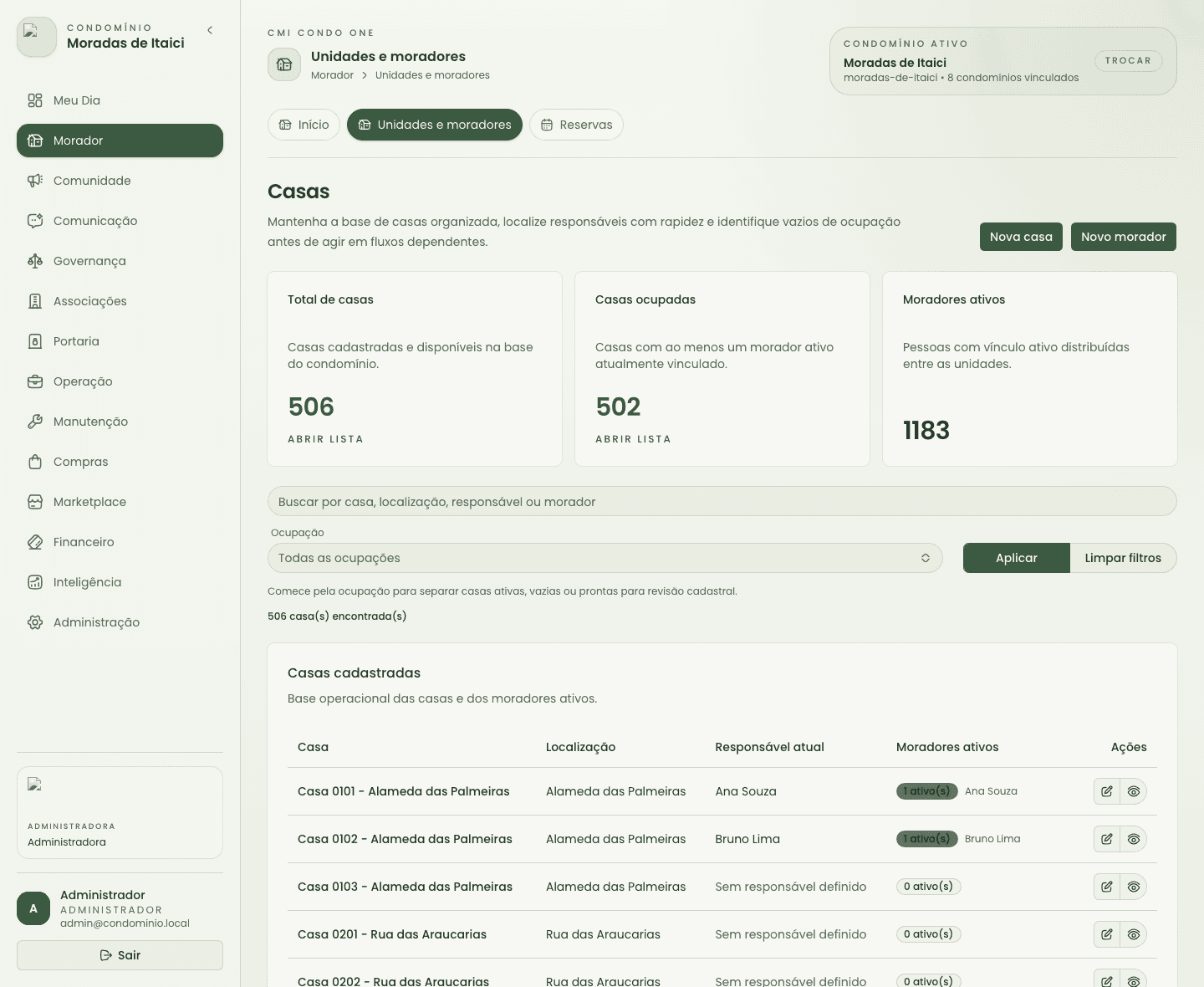 Cadastro de unidades com busca, filtros e tabela de casas