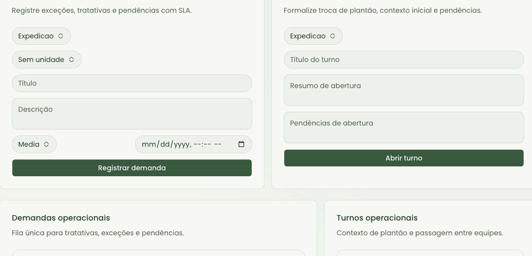 Recorte de formulários de criação operacional e abertura de turno