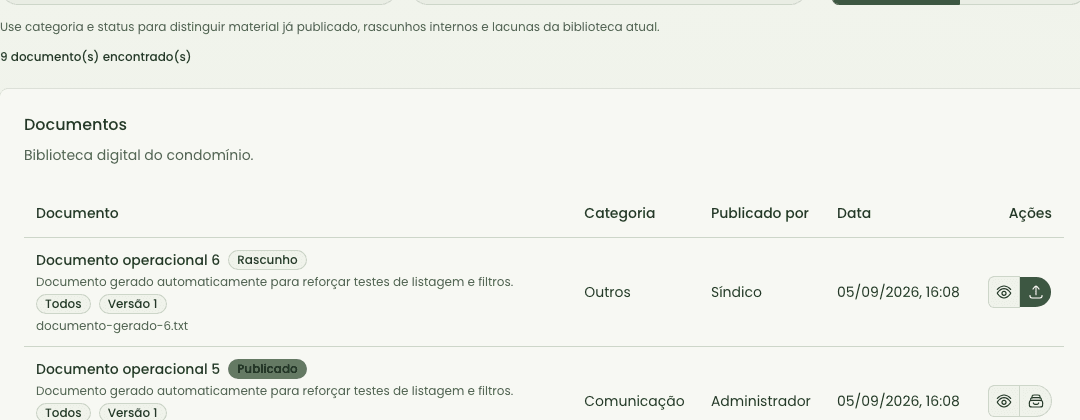 Recorte de uma listagem documental com status de publicação e rastros do item
