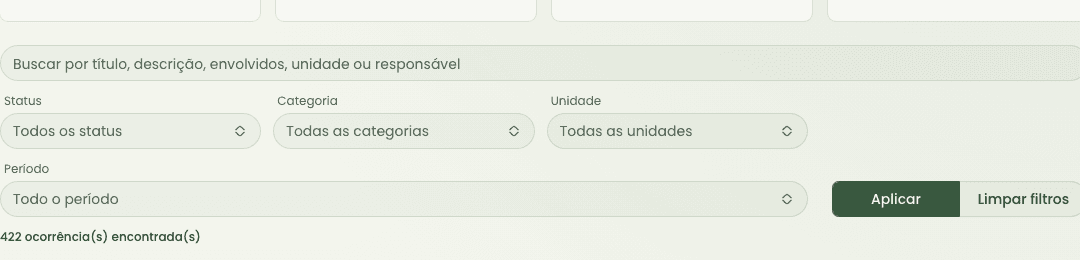 Recorte da barra de busca e filtros de uma lista operacional