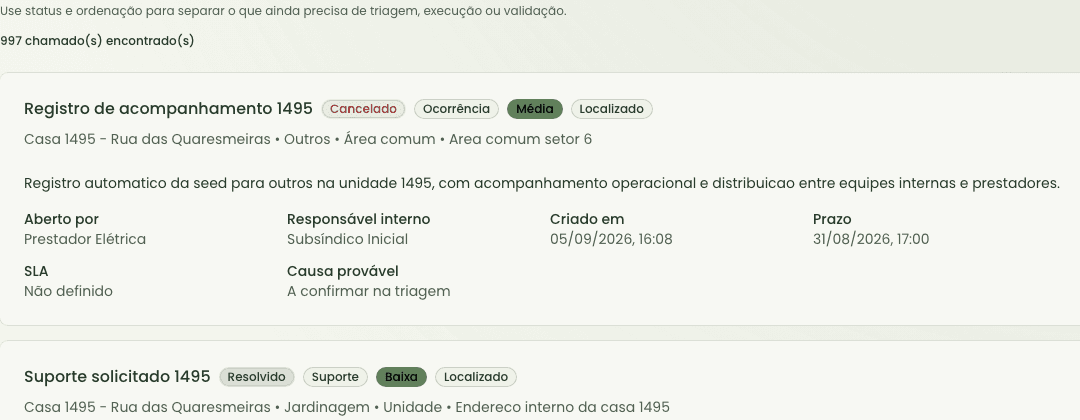Recorte de chamados com badges de status e ação de validação
