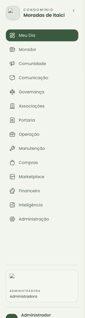 Recorte do menu lateral com os módulos principais da aplicação