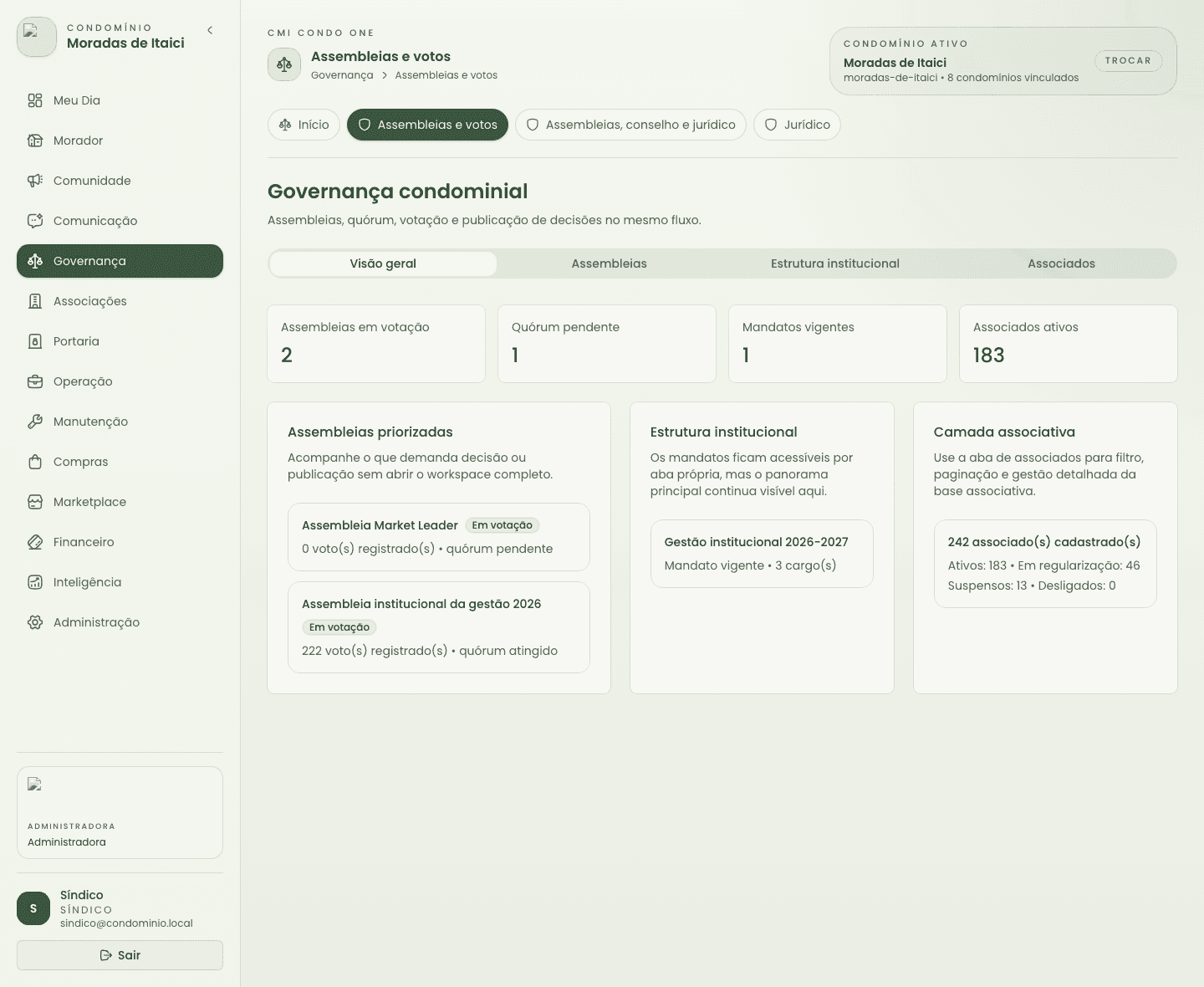 Tela de governança para perfil síndico