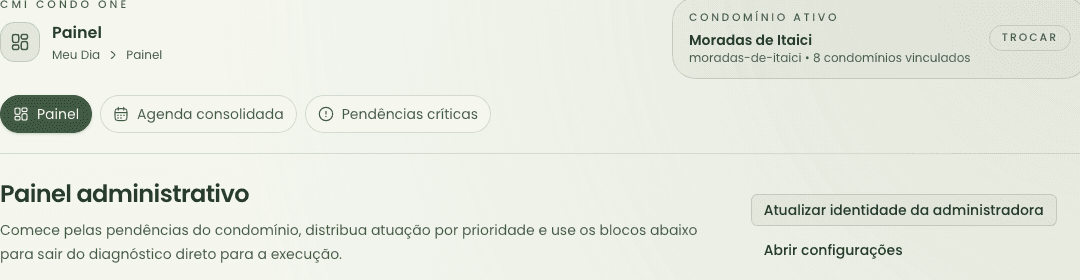 Recorte do topo da área logada mostrando o contexto inicial do perfil administrativo