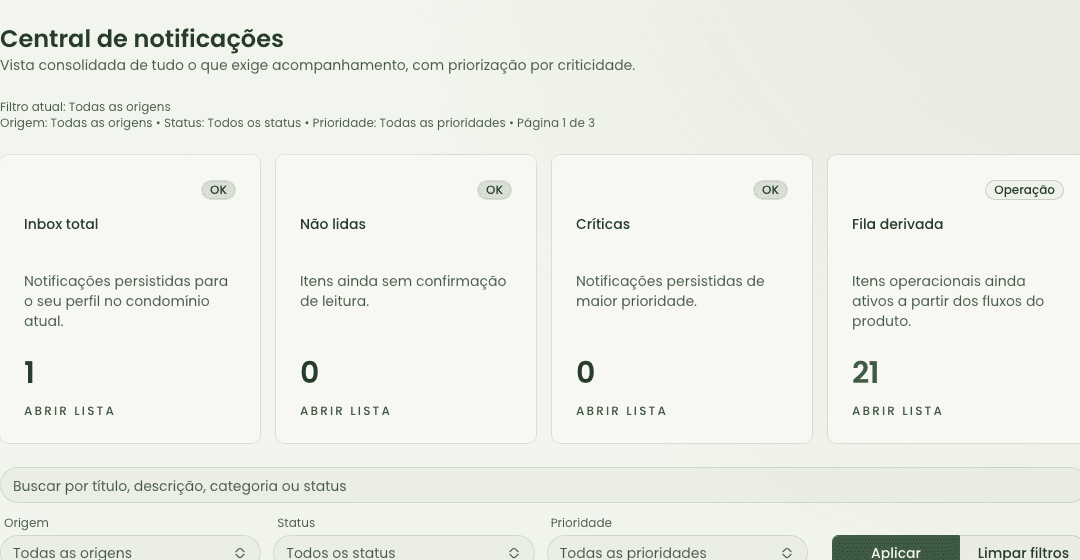 Recorte da central de notificações com a área principal de leitura das pendências