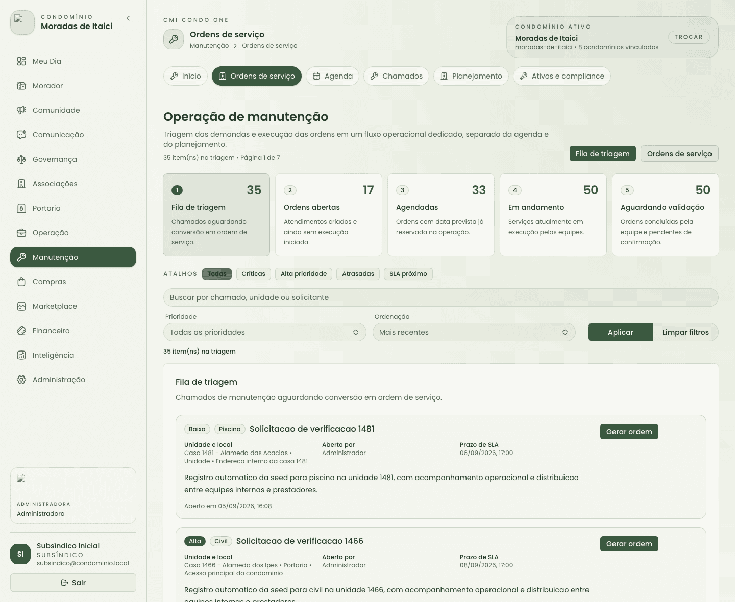 Tela de manutenção para perfil subsíndico