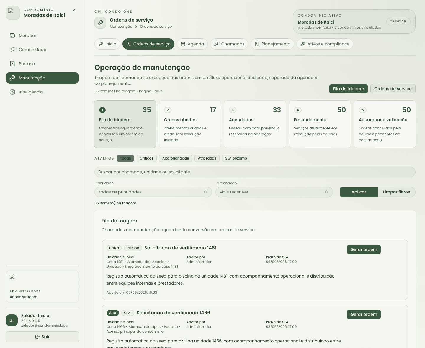 Tela de manutenção para perfil zelador